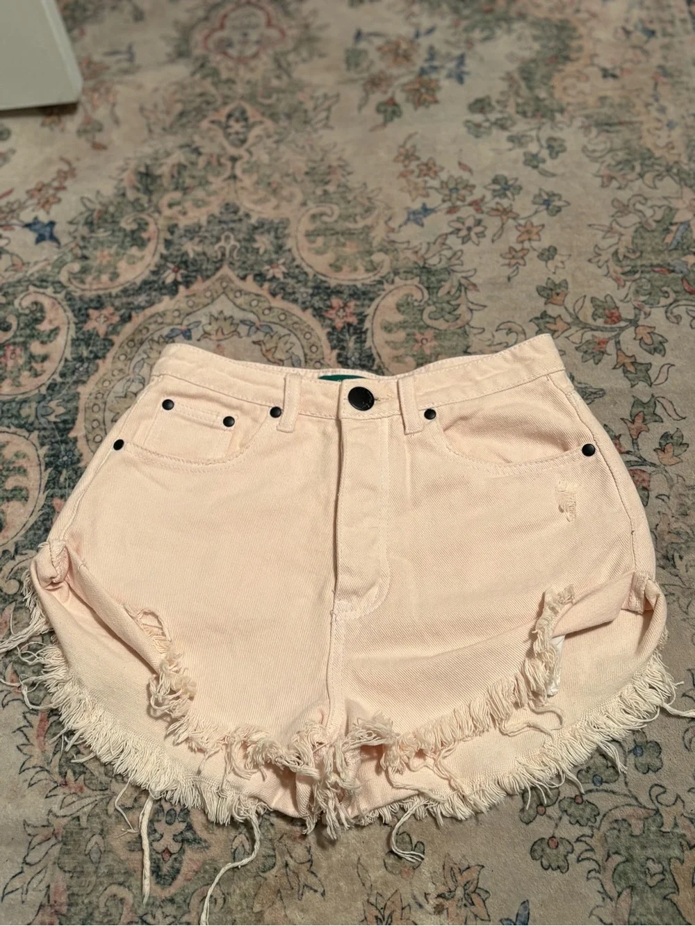 Pale Pink Frayed Denim Shorts